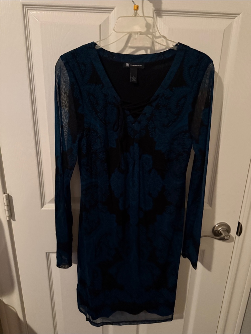 INC International Concepts Navy and Black Sheer Long-Sleeve Dress